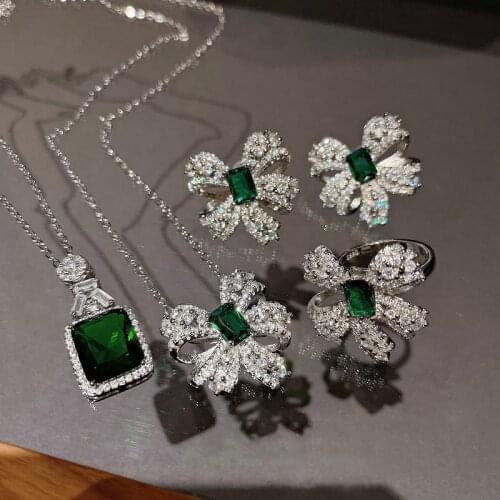 Luxury CZ Emerald Stone Earrings 925 Sterling Silver Jewelry Sets for Women Fashion Bling Bowknot Flowers Rings Necklace Jewelry