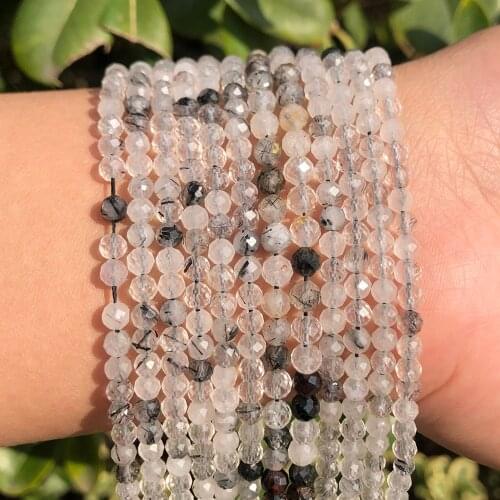 Natural Faceted Black Rutilated Quartz Stone Loose Beads For DIY Jewelry Making Bracelet 15'Strands