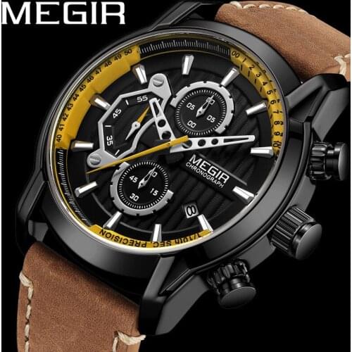 MEGIR New Watch Men Waterproof Chronograph Military Male Clock Top Brand Luxury Real Leather Business Man Sport Wristwatch 2104