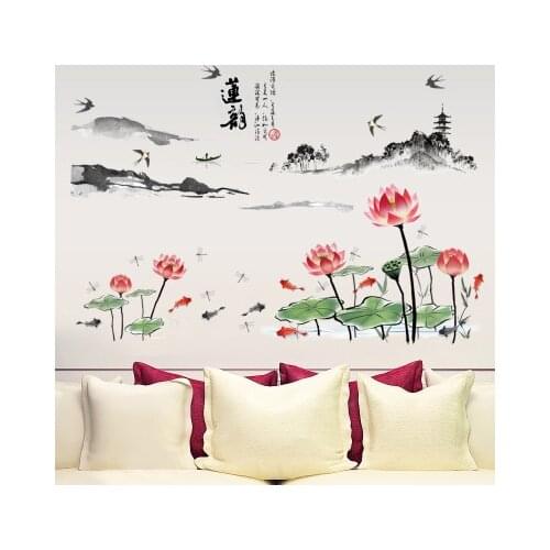 Chinese Style Lotus flower Home Decal Wall Sticker Fish Large 80*118CM Ink and Wash Picture Wall Decor Wall Art Murals Painting