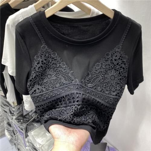 Cotton 95% Solid Lace Fake 2 Piece Women T-Shirts Summer New 2021 O-Neck Slim Elegant Office Lady Pulls Tops Tees