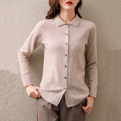 New Style 100% Pure Wool Sweater Shirt POLO Collar Knitted Cardigan Womens Short Base Sweater Loose Cardigan Jacket