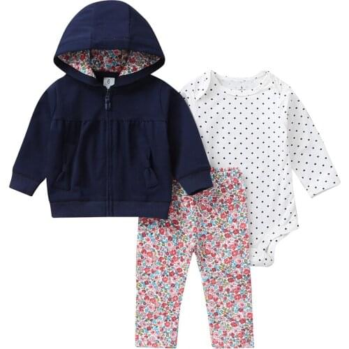 Baby girl outfit 2019 autumn winter newborn clothes hooded coat+romper dot+floral pants 3PCS boy long sleeve clothing set cotton