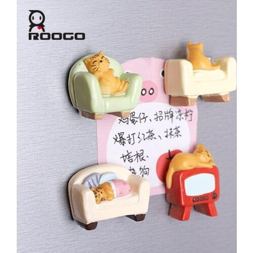 Roogo Fridge Magnet Resin Cartoon Animal Cute Cat Refrigerator Sticker Magnets Decorative Home Decoration Accessories Kitchen