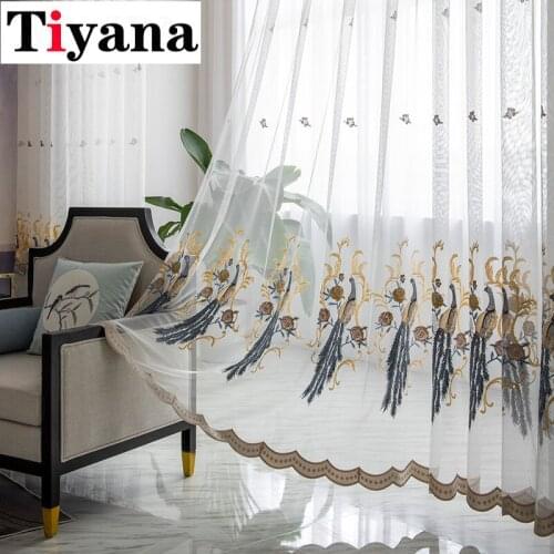 Luxury Embroidered Peacocks Curtain Window Screen Tulle Curtain for Living Room European Kitchen Decoration Sheer Panel JK240D