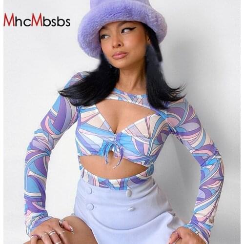 Sexy Hollow Out O Neck Shirring Slim Fit Tee Shirt Fashion Long Sleeve Printing Tops 2021 Summer Women Tshirts Y2K Clothings