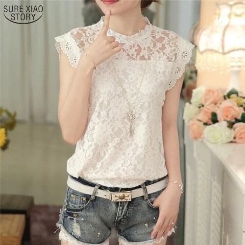 New 2017 Korean Style Fashion Summer Loose Sleeveless White Gray Female Blouse Slim Elegant Lace Women Shirt Plus Size 59G 30