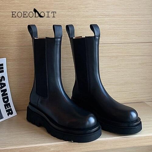 EOEODOIT Women Leather Chelsea Boots Med Heel Platform Ankle Boot Slip On Elastic Sock Shoes