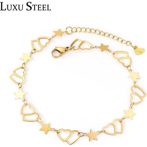 LUXUSTEEL 2021 New Simple Style Gold Color Hollow Out Star Moon Anklets Women Stainless Steel Link Chains Ankle Anklet Bracelet