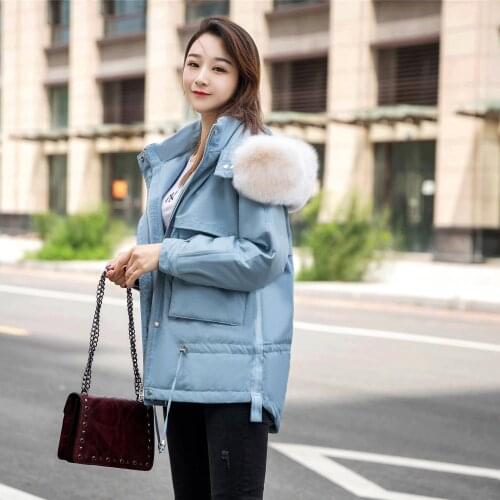 Female winter new natural fur collar short paragraph blue black large pocket down jacket 2019 casual jacket