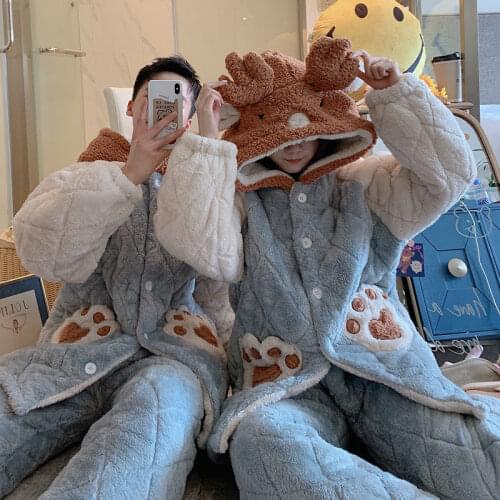 Winter Luxury Brand Couple 2PCS Coral Velvet Pajamas Set Hooded Cute Three Layer Thick Nightwear Women&men Flannel Homewear