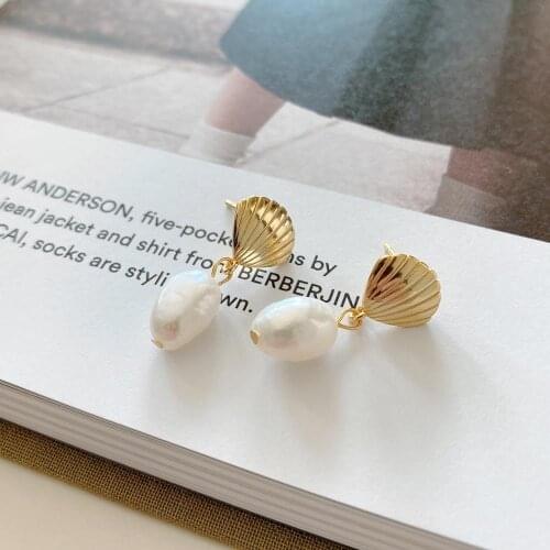 18k gold 100% real. Authentic 925 Sterling silver Pearl & conch shell shape Dangle Earrings Long Fine jEWELRY tle920