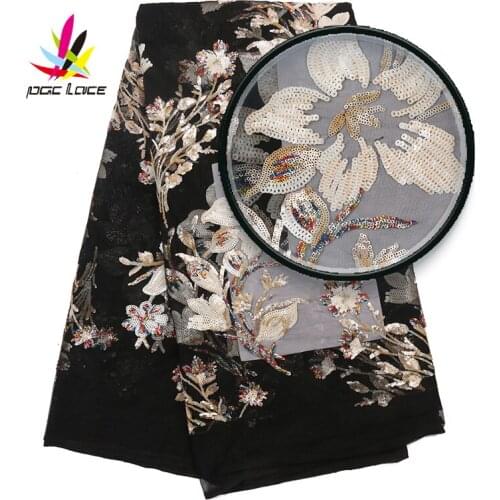 2019 High Quality Nigerian Net Lace Fabric Sequence Fabric Flowers Pattern Sequins Fabrics French Tulle Mesh Lace Fabric XZ3004B