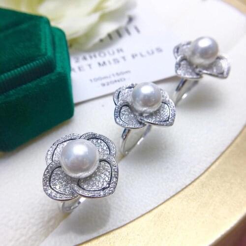 Flower 925 Sterling Silver Adjustable Ring Settings Findings Mountings Parts for Pearl Corals Jade Crystal, 5pcs/lot