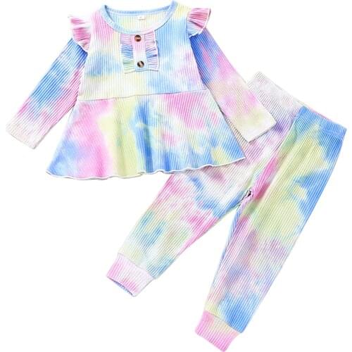 2Pcs Kids Autumn Tracksuit, Tie-Dye Round-Neck Long Sleeves Blouse + Elastic Waist Pants for Girls
