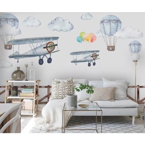 European Hand Painted Mural Carton Airplane Hot Air Balloon Wallpaper for Kids Children Bedroom Art Wall Decor Papel De Parede