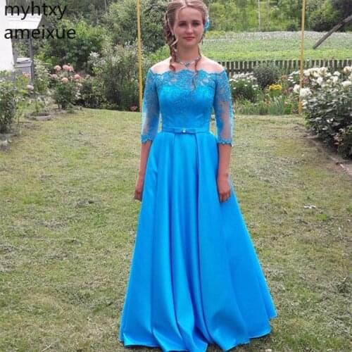 Custom Shoulder A-line Prom Dress With Half Sleeves Boat Neck Appliques Formal Party Dresses Sky Blue Satin Sash Occasion Gown