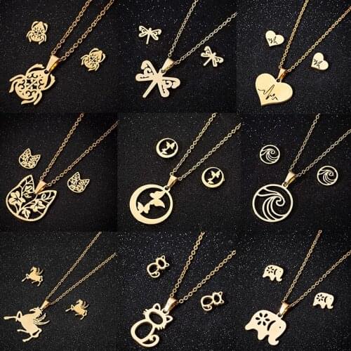 Fashion Stainless Steel Jewelry Set Heart Cat Horse Elephant Butterfly Animal Flower Earring Necklace Party Wedding Jewelry Set