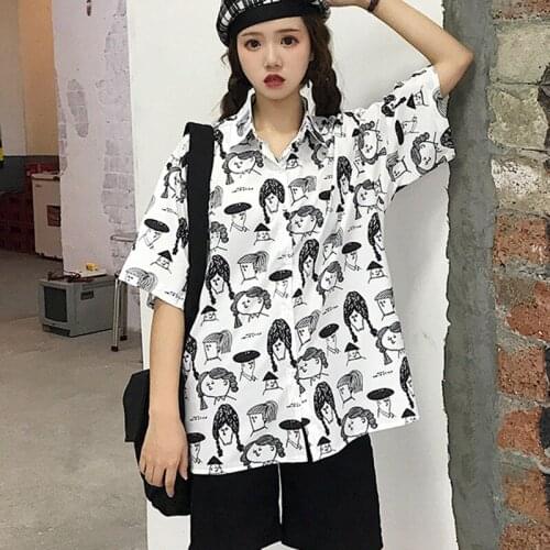 Fashion Character Girl Printed Blouse Women Street Wear Graffiti Blouses Short Sleeve Turn Down Collar Blusas Mujer De Moda 2020