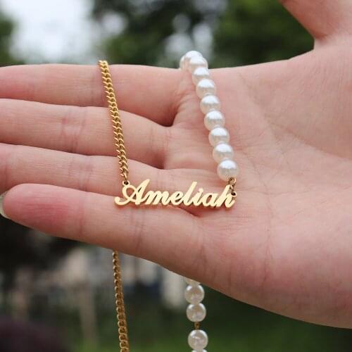 Fashion Pearl Necklace For Women BFF Gift Custom Jewelry Personalized Name Pendant Necklaces Gold Curb Chain Colar Feminino