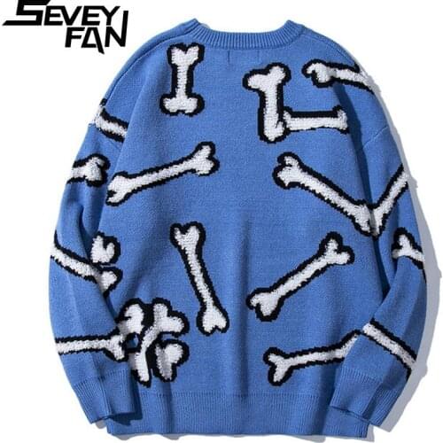 SEVEYFAN Mens Fashion Bone Embroidery Sweater Hip Hop Loose Knitwear Streetwear Autumn Pullover Sweaters for Couples