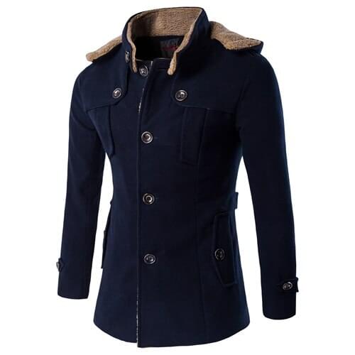 New Arrival Fashion Mens Long Winter Coat Slim Stand Collar Wool Blends Size M-5XL