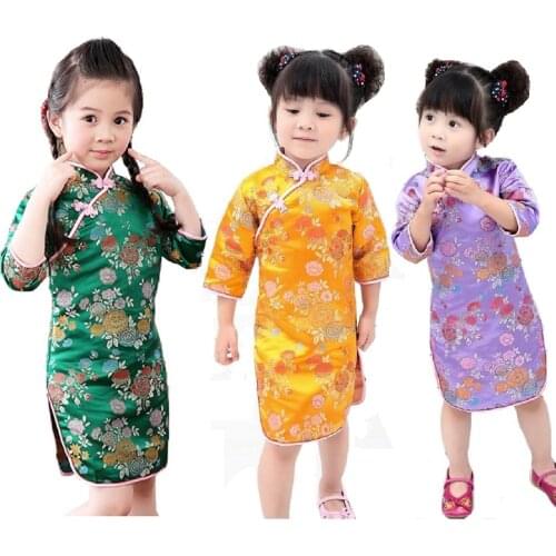 2020 Chinese New Year Baby Girls Dress Tribute Silk Kids Traditional Qipao Children Cheongsam Girl Dresses Clothes Vestidos Tops