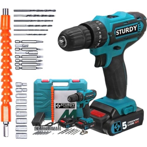 Sturdy Power Tools Rechargeable Screwdriver Drill 32 Volt 5.0 Amps Dual Cordless 27 Piece End Set