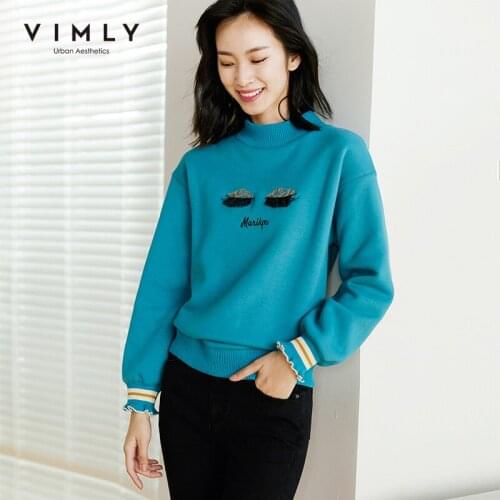 Vimly Autumn Winter Sweatshirt For Women Fashion Embroidery O Neck Fungus Sleeve Thick Pullover Casual Female Hoodies Tops F3689
