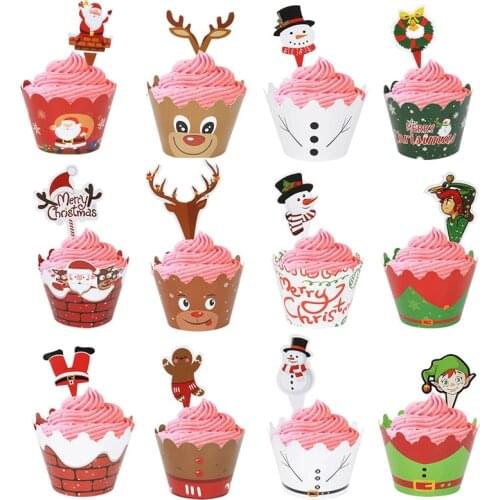 24pcs Christmas Paper Cupcake Wrapper Santa Claus Deer Cake Topper Merry Christmas Xmas New Year Birthday Party Cake Decorations