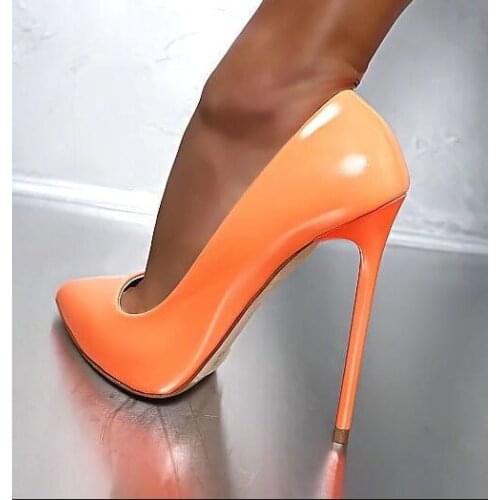 Orange Heels Women Pumps Patent Leather Pointed Toe Stiletto Heels Wedding Shoes Bride Pink Purple Slip-on Female Dress Shoes