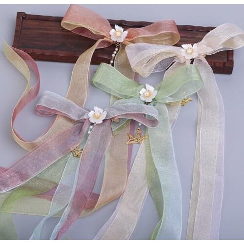 Chinese style bow hair clip Cute Girl Candy bow knot long tassel Ribbon Hairpin womens Vintage Chinese clothes barrettes