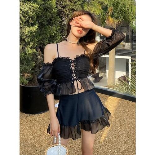 Tankini Women Swimsuit Woman Two Piece Swimwear Girl Pieces Fan Split Three Bikini Set Covering Showing Polyester Print