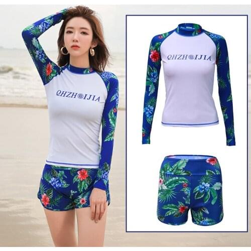Womens Floral Print Rashguard Long Sleeve Crew Neck Shirt + Boyleg Shorts Surfing Swimsuit Two Piece Activewear Tracksuit Yoga