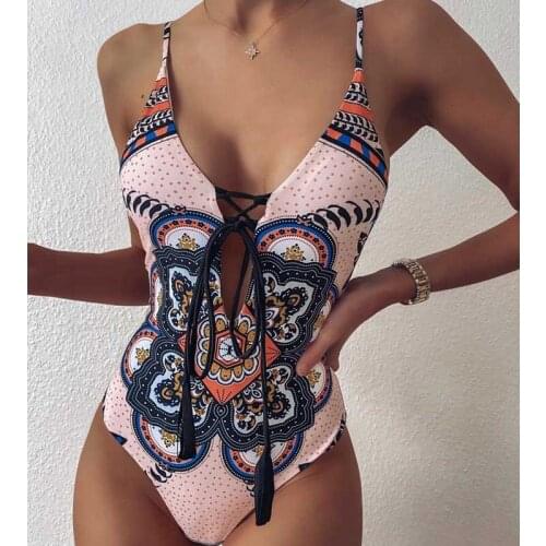 2021 Sexy Vintage Print Swimwear Fringed One Piece Swimsuit Women Summer Beachwear Bandage Lace Up Bikini Bathing Suit Bodaysuit