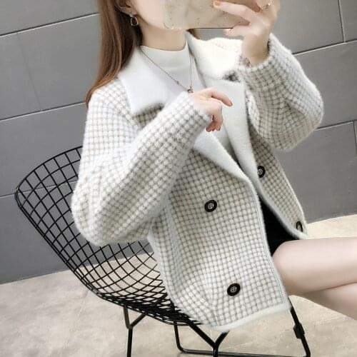 Imitation Mink Velvet Jacket Women 2021 Spring Autumn Sweater Loose Plaid Plus Size Knitted Cardigan Coat Windbreaker Outwear