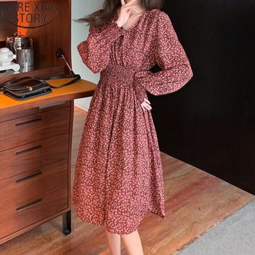 Floral Print Midi Long Dress for Women 2021 Autumn Winter New Sweet Dresses Long Sleeve V-neck Rose Red Vestido Feminino 17160