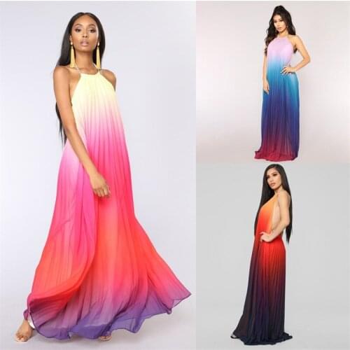 Summer European and American Gradient Folds Fashion Sexy Chiffon Dress Long Skirt