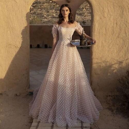Thinyfull Princess Boho Dots Tulle Wedding Dresses Scoop Off The Shoulder A Line Bridal Gown Sweep Train Lace Vestido De Novia
