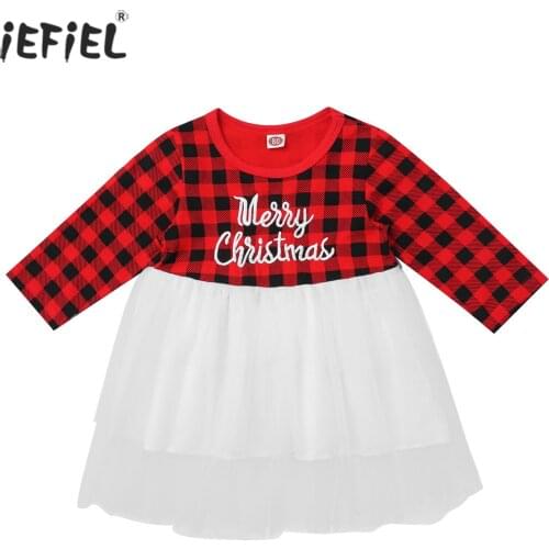 2021 Kids Girls Dresses Christmas Clothes Party Costume Red Plaid Print Children Girls Elegant Mesh Tutu Dress Xmas Casual Wear