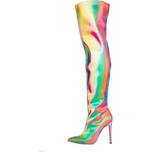 Glitter Laser Color Intrigue Multi Leather Thigh Boots Pointed Toe Thin Heels Dance Stage Over The Knee Long Boots