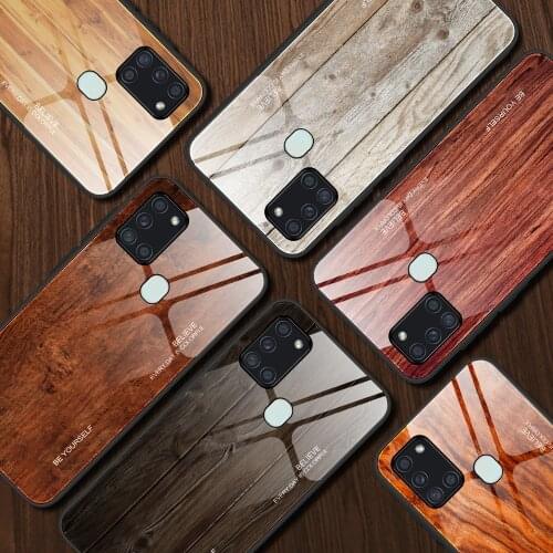 For Samsung Galaxy A21S Case luxury Hard Tempered glass Wood grain protective Back Cover Case for samsung galaxy a21s shell