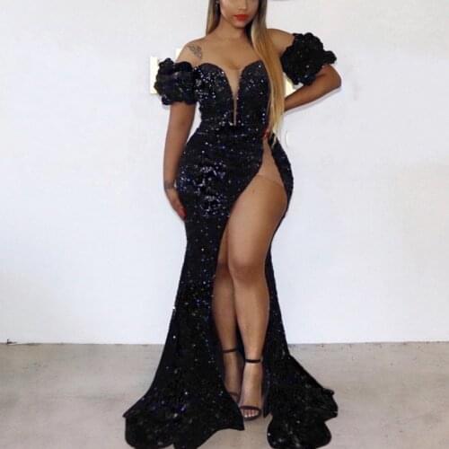 Black Sequins Prom Dresses Off Shoulder Party Dress With Mermaid Sexy High Split Party Gown