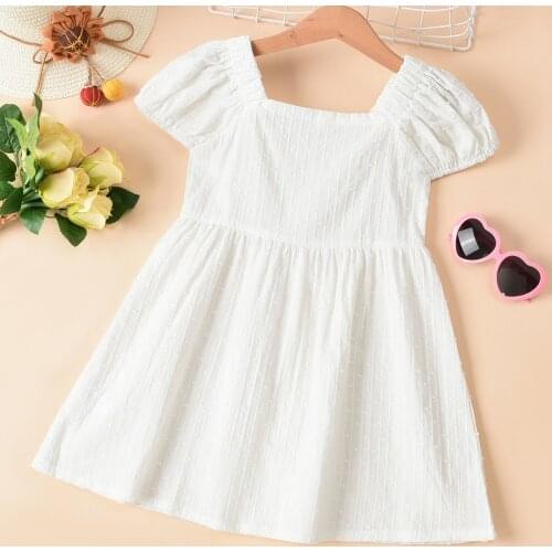 Kids Girl’s Summer Sweet Puff Sleeve Solid Color Single-breasted A-line Princess Dress 18M-6T