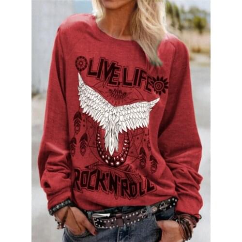 Loose O-neck Long Sleeve Top Tees Ladies T-shirt Autumn 2021 Fall Eagle Print Casual Large Size Pullover Fashion Women T-shirts