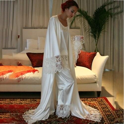 3pcs Satin Lace Bridal Pajama Lingerie Pants Suit Wedding Lingerie Bridal Sleepwear White Prom Party Kimono
