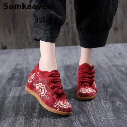 Size 34-41 Sneakers Women Vulcanize Embroidery Shoes Spring Autumn Female Wedge Tennis Chinese Style Thick Bottom Zapatos Y35