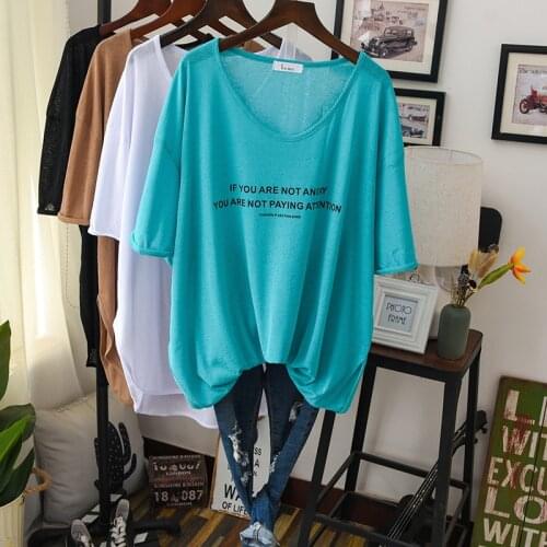 Summer Women Long Thin See Through Tunic Top Short Sleeve 2021 Simple V Neck Letter Print Casual Oversized T Shirt Plus Size