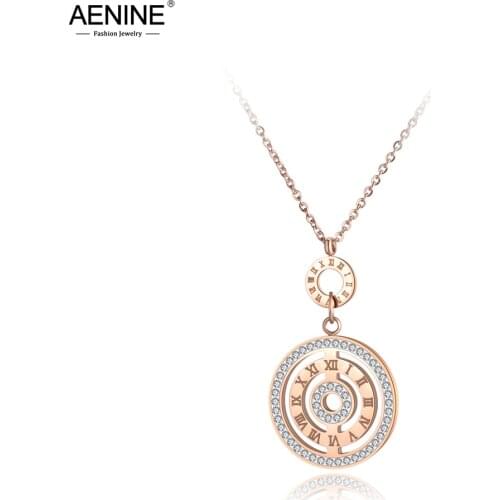 AENINE Trendy Clay Rhinestone Stainless Steel Pendant Jewelry Rose Gold Roma Number Circles Chokers Necklaces For Women AN19045