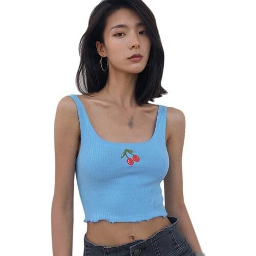 Summer Women Cotton Ribbed Cherry Embroidery Tank Streetwear Sweet Fashion Cropped Sleeveless Streetwear Vest